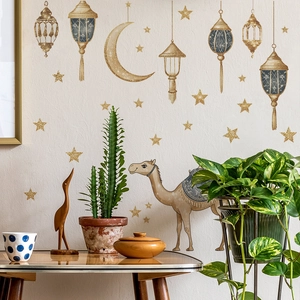 Golden moon and camel wall decals with lanterns for Bohemian home decoration