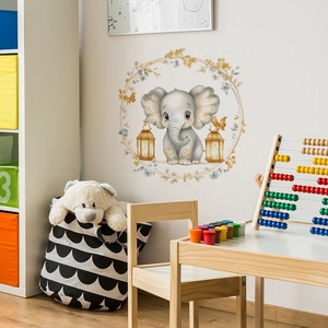 Cartoon elephant wall sticker with floral wreath and lanterns for nursery decoration