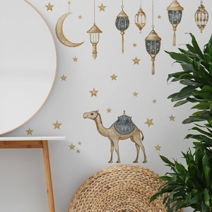 Golden moon and star wall decals with camel for Ramadan home decoration on gray wall