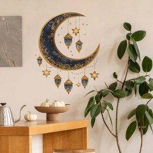 Golden moon and hanging lanterns wall sticker for Ramadan home interior decoration