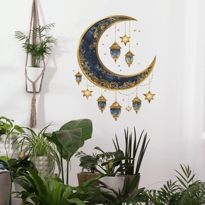 Golden moon and blue lantern wall decals with stars for Ramadan home wall decor