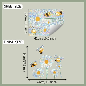 Holographic flower and bee wall sticker set with sheet and finish size dimensions