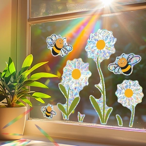 Rainbow prism window stickers featuring cartoon bee and floral designs for home decoration