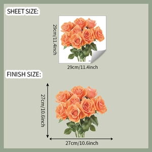 Detail of orange rose wall sticker showing sheet size 29x29cm and finish size 27x27cm