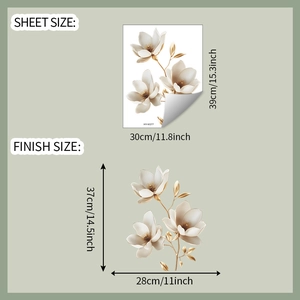 Detailed sheet of golden floral magnolia wall stickers with size and layout dimensions