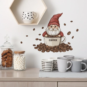 Self-adhesive coffee gnome wall sticker with beans for kitchen and living room decor