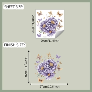 Detail view showing dimensions of purple flower and butterfly self-adhesive wall stickers