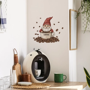 Cartoon gnome in coffee cup wall decal with coffee beans for kitchen wall decor