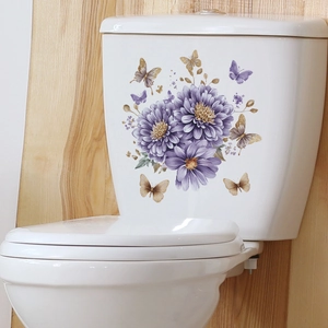 Elegant purple flower and butterfly self-adhesive toilet stickers for home bathroom decor