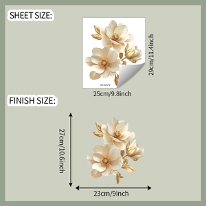Detail view showing sheet and finish sizes of golden flower wall stickers for bathroom decor