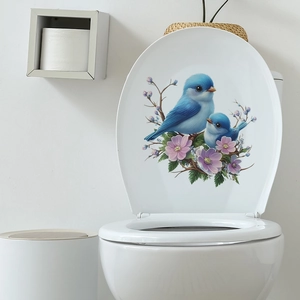 Cute blue birds on branch with pink flowers self-adhesive toilet seat lid sticker