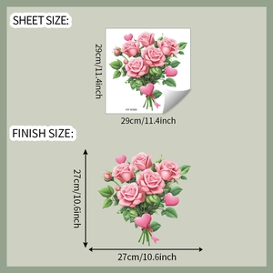 Detailed size chart showing pink rose floral wall stickers with dimensions 29x29cm