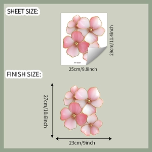 Detail showing dimensions of pink watercolor floral wall stickers with golden edges