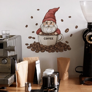 Gnome in coffee cup wall sticker with scattered beans for kitchen and cafe wall decor