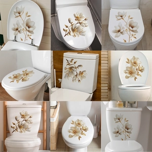 Gold Magnolia Floral Toilet Lid Sticker Elegant White Flower PVC Removable Wall Decal For Bathroom Home Decoration Mural