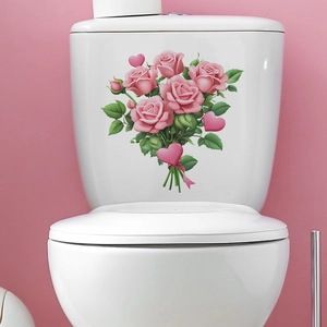 Pink Rose Flower Toilet Sticker Heart Floral Removable PVC Waterproof Wall Decal For Bathroom Home Decor Romantic Design