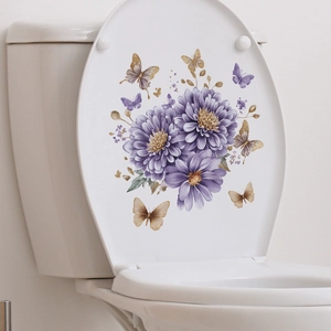 Self-adhesive purple daisy and butterfly wall decals for bathroom toilet seat decoration
