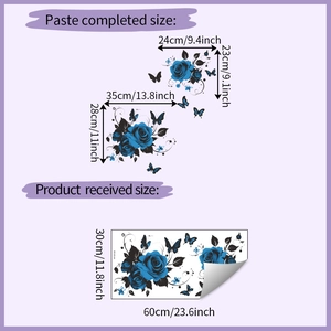 Detailed size guide for blue rose and butterfly wall decals showing layout dimensions