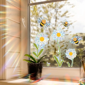 Rainbow prism window stickers featuring cute bees and flowers for home glass decoration