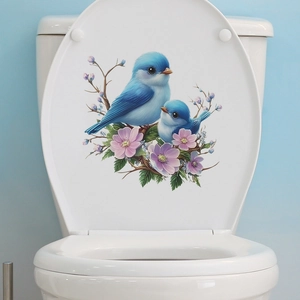 Adhesive bathroom toilet sticker featuring blue birds on pink floral branches decor