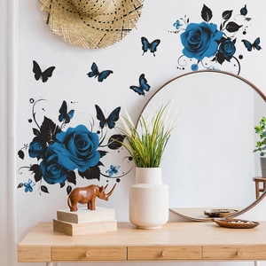 Blue Rose And Butterfly Wall Sticker PVC Self Adhesive Floral Decal For Bedroom Living Room Wardrobe Home Decor Wall Art