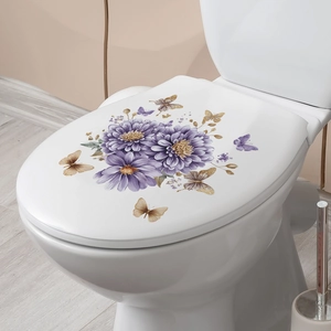 Adhesive bathroom toilet lid decal with purple dahlia flower and gold butterflies décor