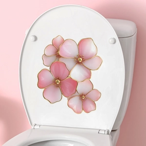 Pink Cherry Blossom Toilet Lid Sticker Gold Outline Floral Wall Decal For Bathroom Home Decor Self-Adhesive PVC Art Mural
