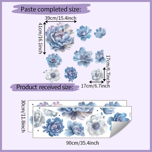 Layout details and dimensions for blue 3D flower wall stickers for home decoration