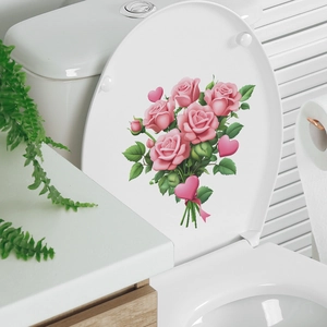 Pink rose floral toilet lid sticker with heart accents in a modern bathroom decor