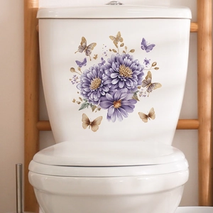 Elegant purple flower and butterfly self-adhesive toilet stickers for bathroom decor