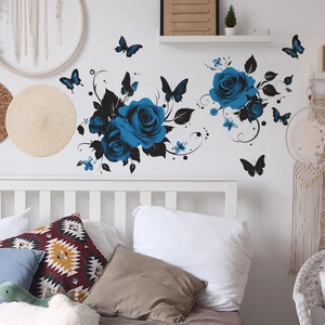 Vibrant blue blooming rose and butterfly self-adhesive wall stickers for home decor