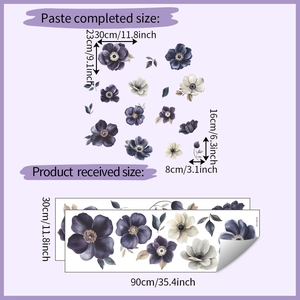 Layout and dimensions of self-adhesive purple floral wall stickers in PVC material