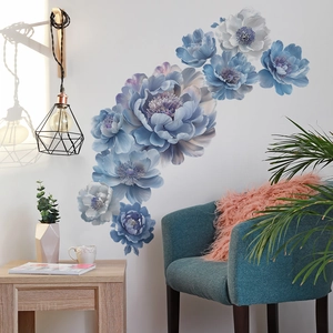 3D blue peony flower wall stickers for modern bedroom and living room home decor