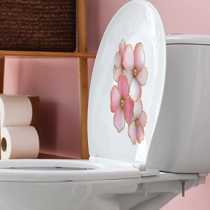 Pink floral adhesive toilet sticker with gold outline for bathroom wall decoration