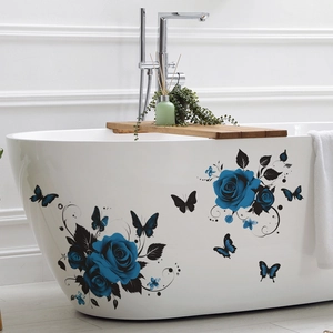 Blue rose and butterfly waterproof wall decals for bathroom bathtub decoration