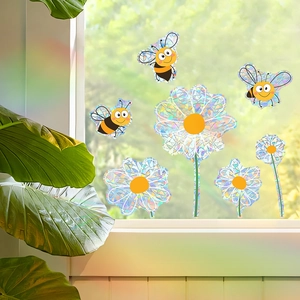 Rainbow laser suncatcher stickers with cartoon bee and flower patterns for window decor