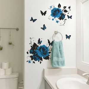 Elegant blue rose and butterfly wall stickers applied on white bathroom tiles decoration