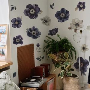 Purple floral wall stickers with watercolor anemones for modern bedroom wall decor