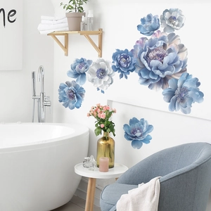 Elegant blue and white 3D peony wall stickers for modern bedroom and home decoration