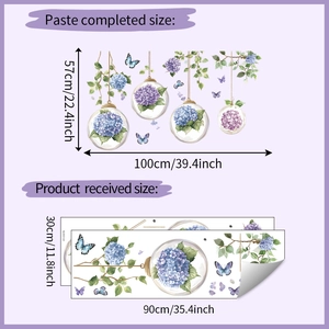 Size comparison detail of hydrangea wall stickers with floral butterfly hanging patterns
