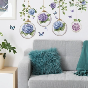 Hydrangea wall stickers with blue butterflies and green leaves for living room decoration