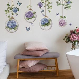 Self-adhesive hydrangea wall decals featuring blue floral globes and butterflies