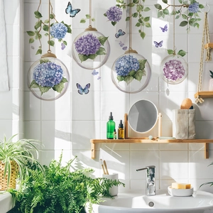 Self-adhesive hydrangea wall stickers with blue flowers and butterflies for home decoration
