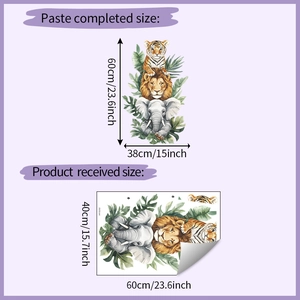 Detail showing self-adhesive jungle animal wall sticker layout and finished size dimensions