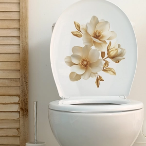 Golden floral self-adhesive wall stickers with white flowers for bathroom toilet decoration