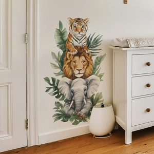 Watercolor animal wall sticker with lion and elephant for kids nursery room decor