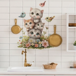 Self-adhesive wall sticker featuring cute cartoon cats and flowers for home decor