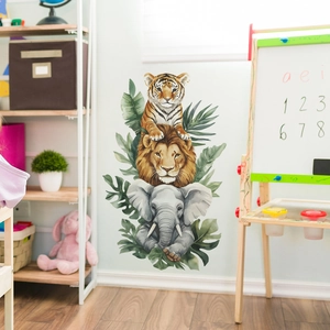 Jungle animals watercolor wall decal with tiger lion and elephant for nursery room decor
