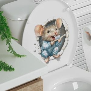 3D cartoon mouse brushing teeth wall sticker with realistic cracked hole effect for bathroom