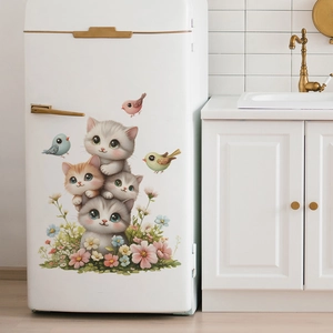 Cartoon cat wall decals featuring stacked kittens and birds for home fridge decoration